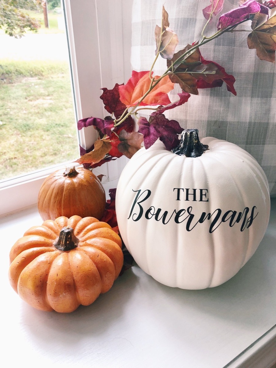 three pumpkins in a windowsill, fall home decor