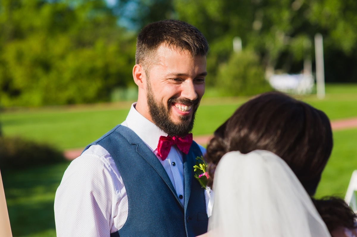 M3FRP6 First exciting meeting and look of man and woman during their wedding ceremony outdoors