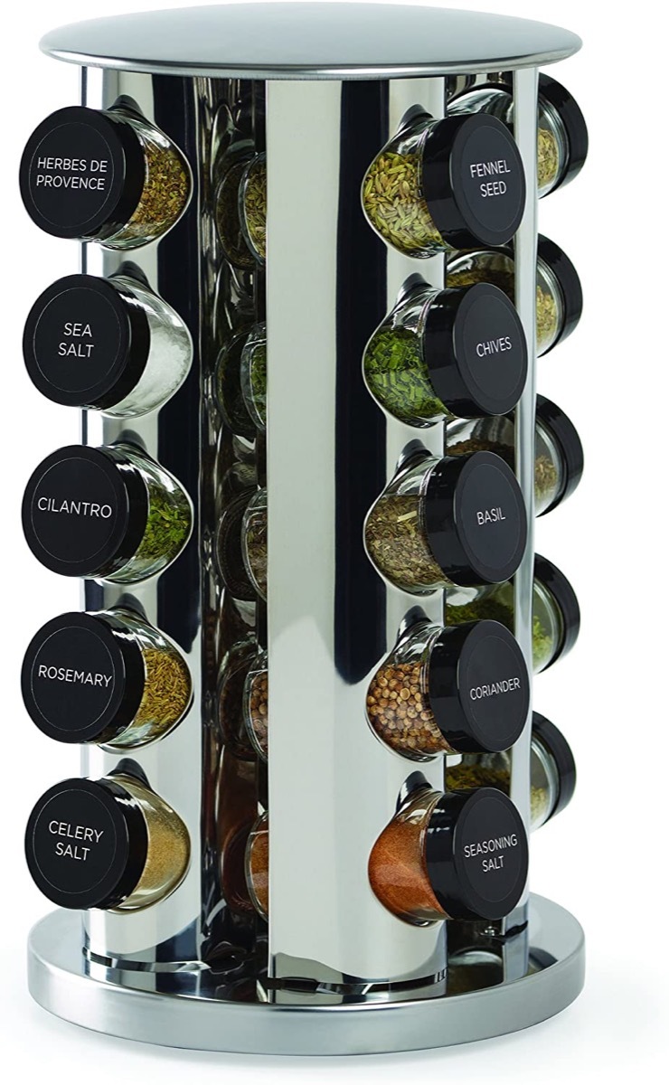 metal rotating vertical spice rack with black lids