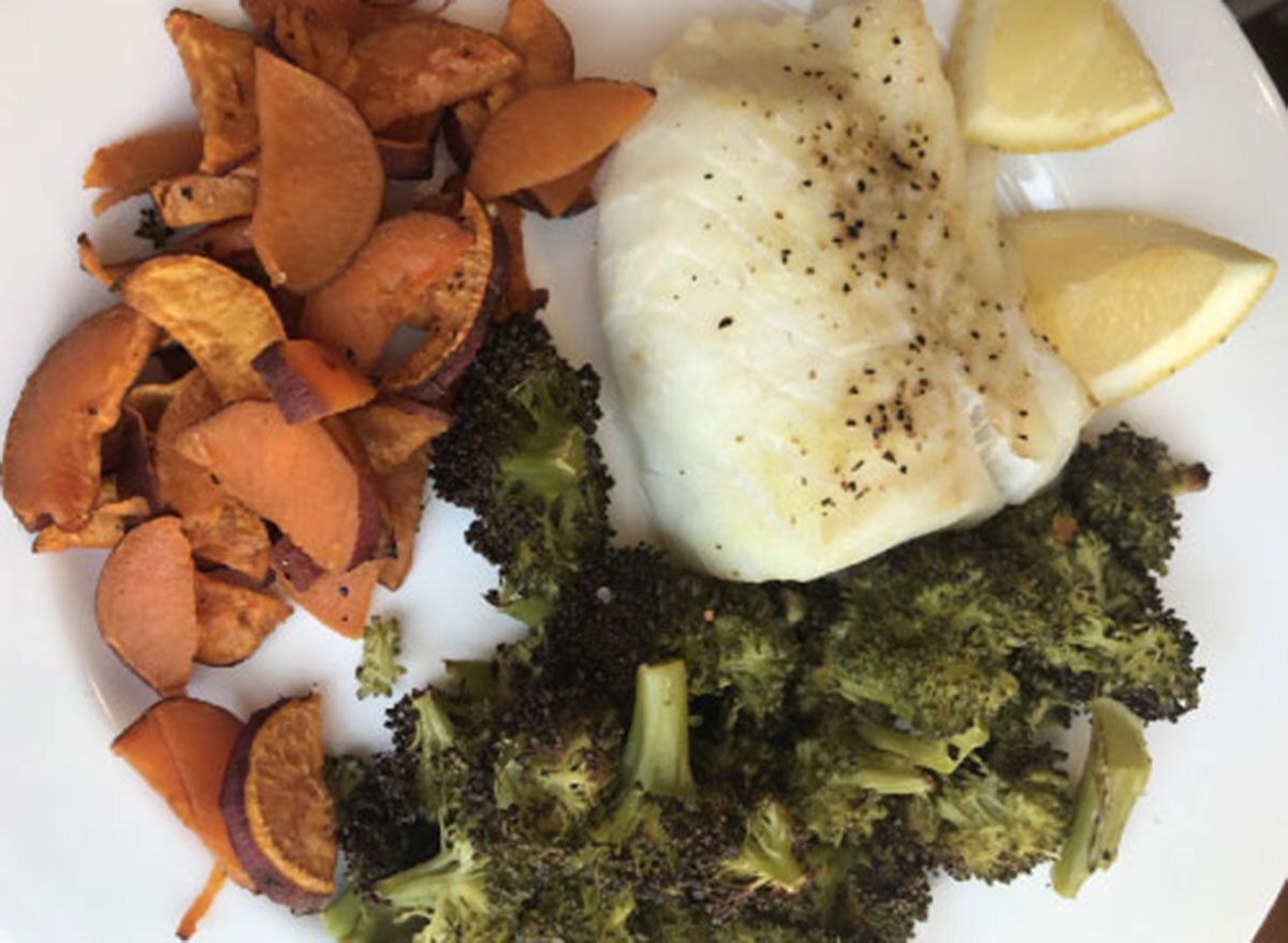 piece of cod roasted side sweet potato discs broccoli - what a peloton instructor eats