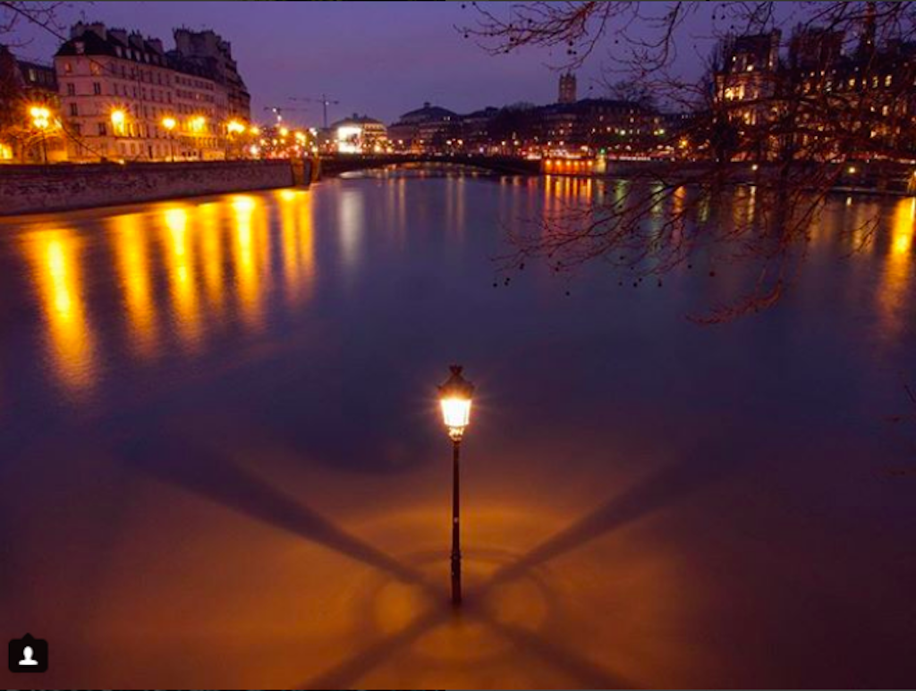 Île Saint-Louis underwater during January flood in Paris. 