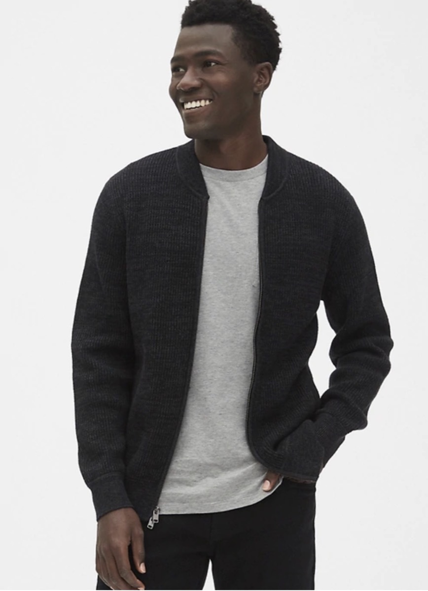 textured full-zip bomber sweater