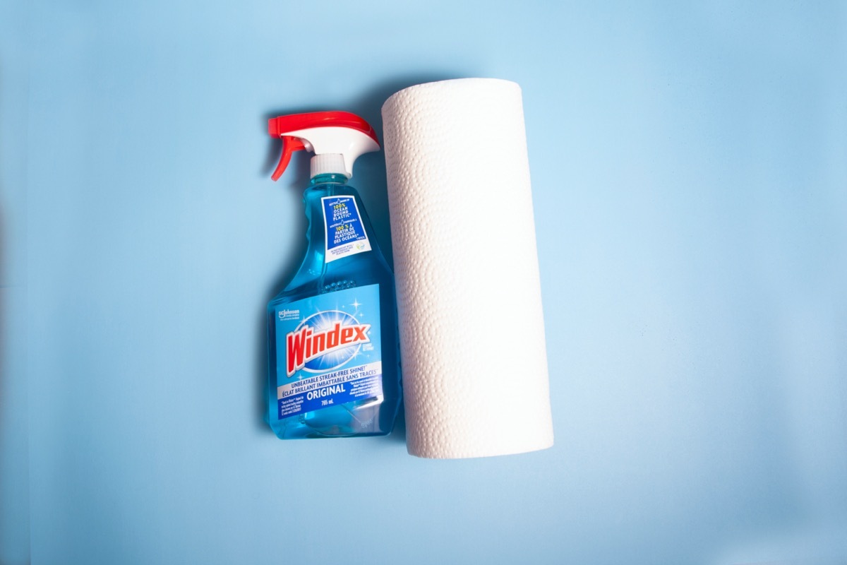 bottle of windex and roll of paper towels