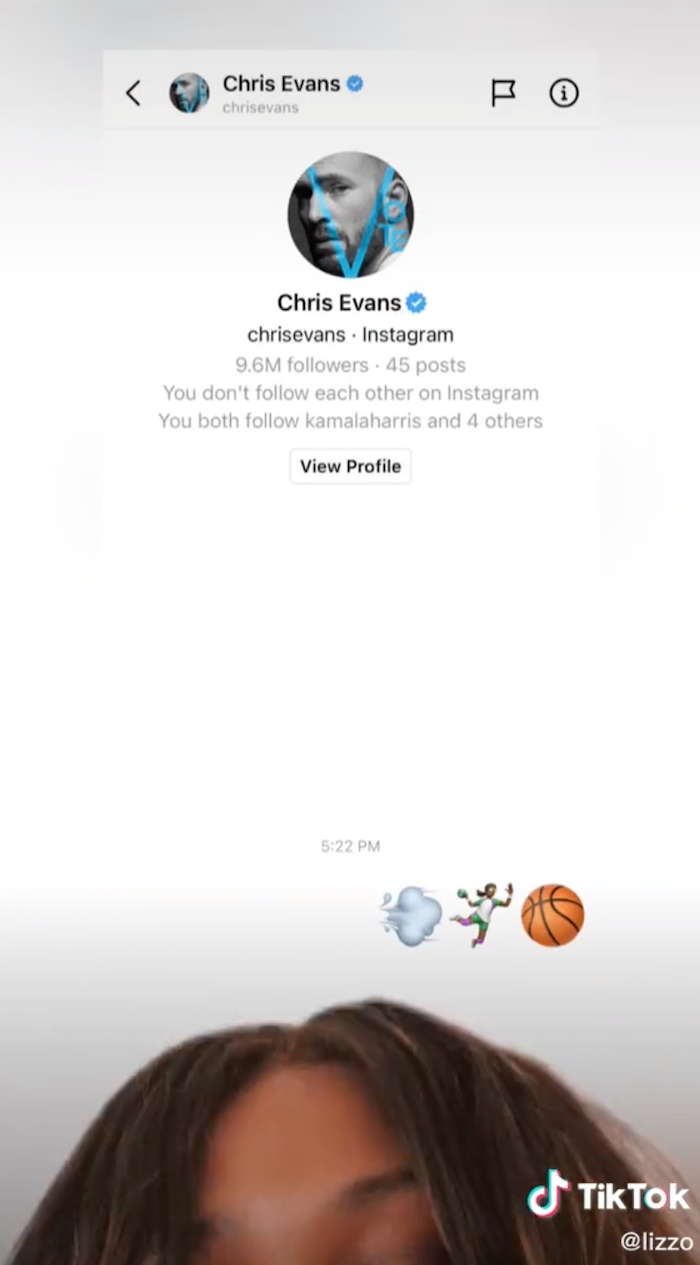 A screenshot of Lizzo's message to Chris Evans