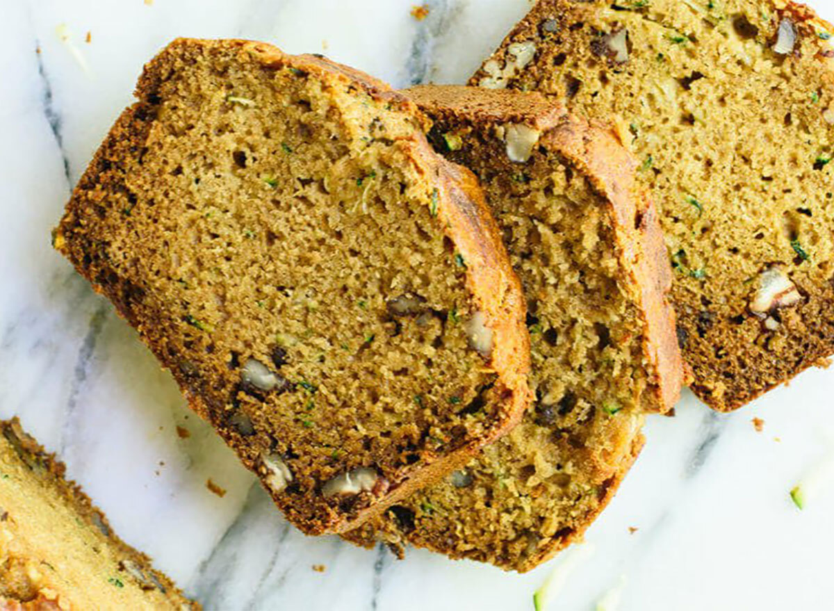 zucchini bread slices on marble board