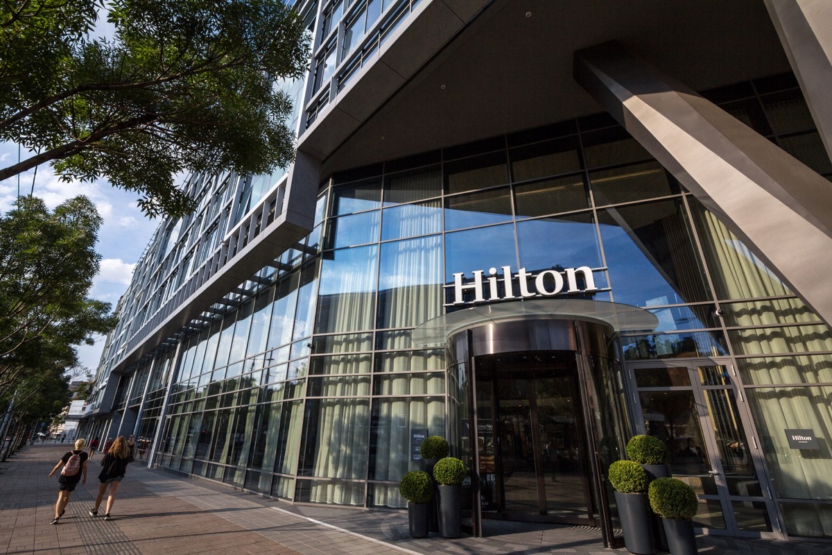 BELGRADE, SERBIA - AUGUST 14, 2018: Hilton logo on the entrance their newly opened hotel of Belgrade, during the afternoon. Hilton is one of the biggest brands of luxury hotels