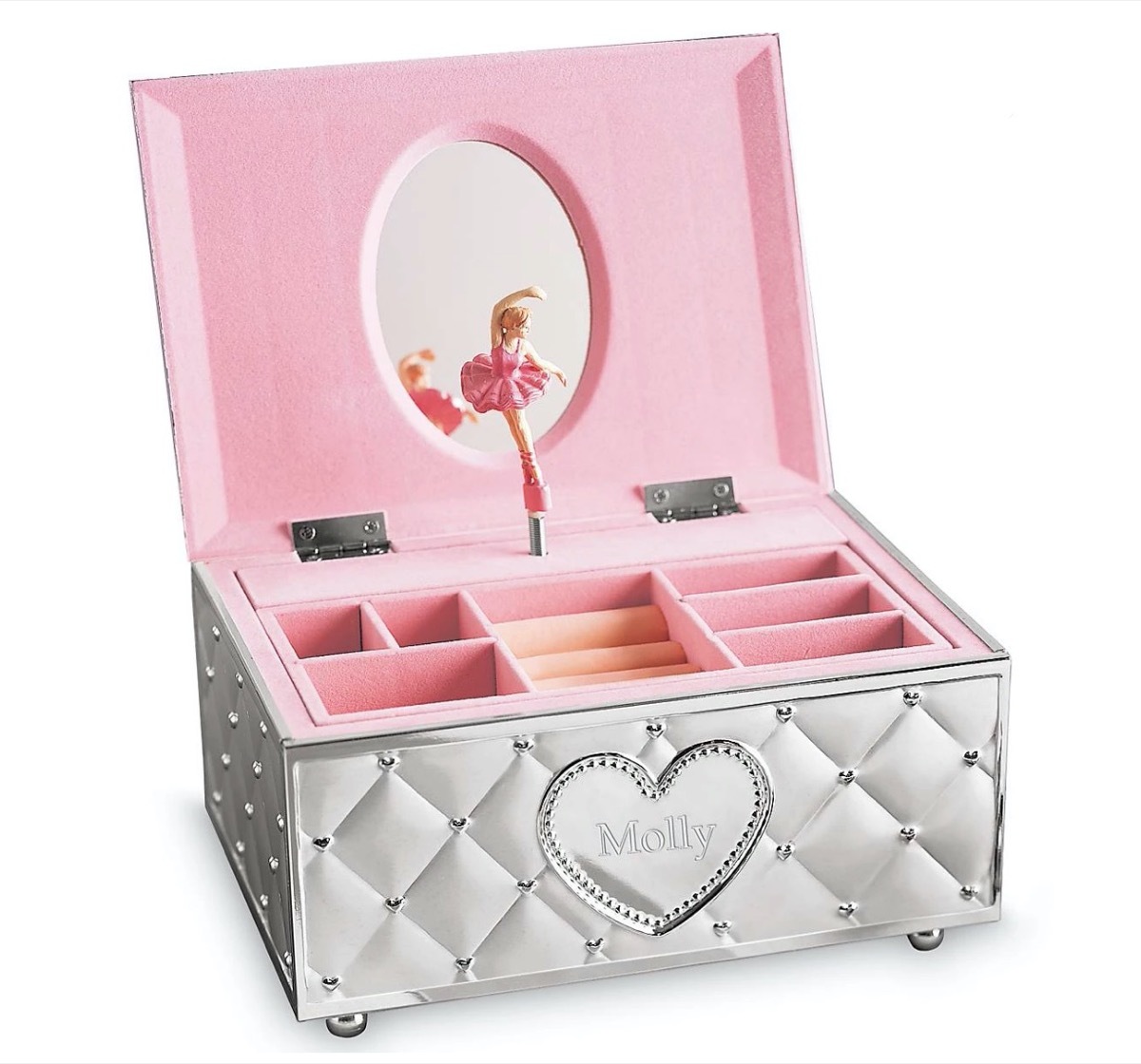 silver jewelry box with ballerina inside and exterior heart reading 