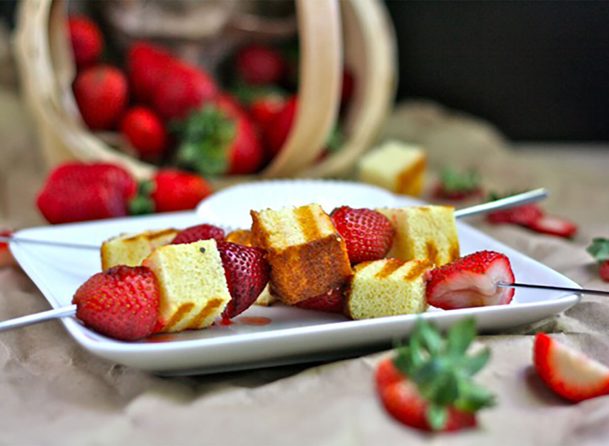 grilled strawberry shortcake kebabs on platter