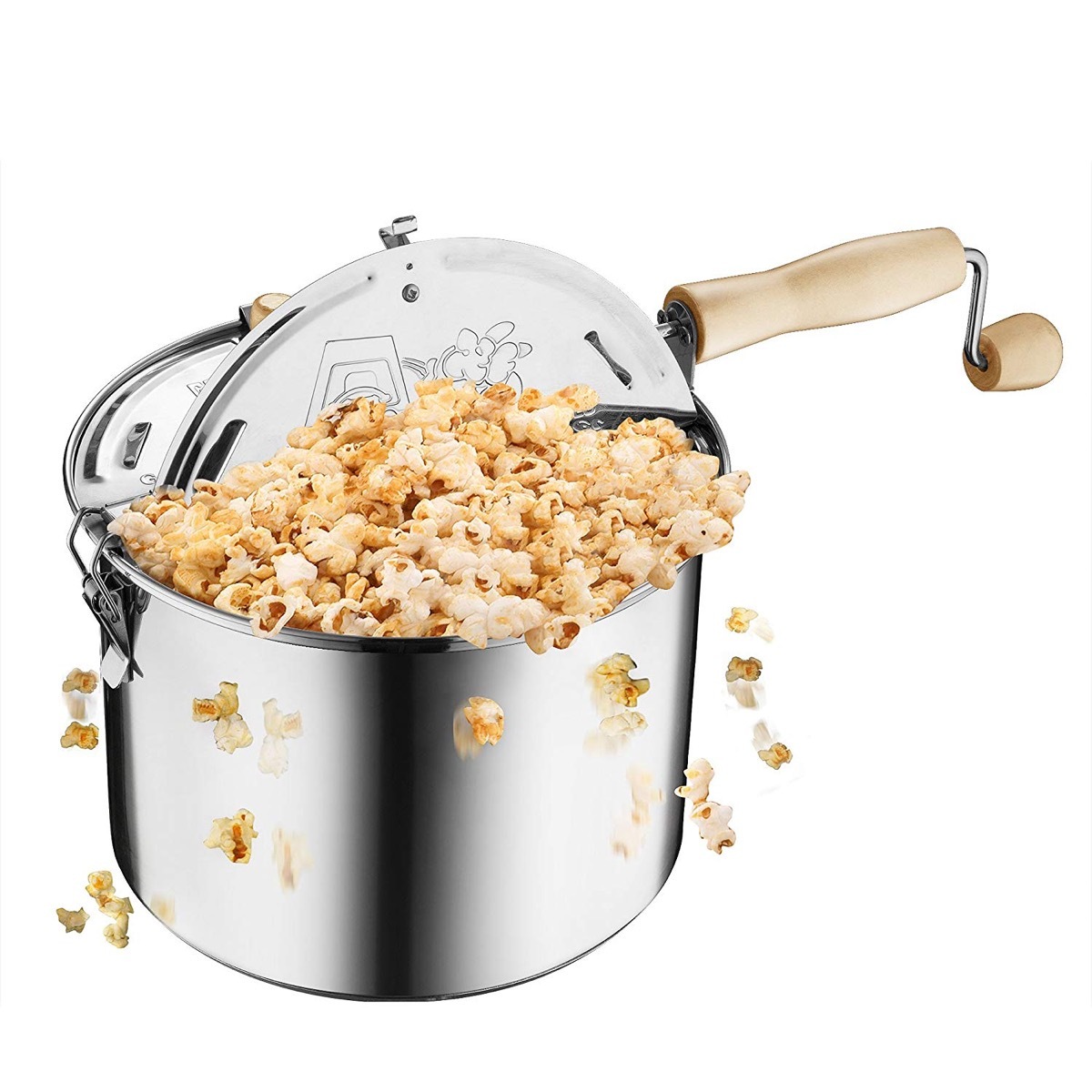 silver popcorn maker white background