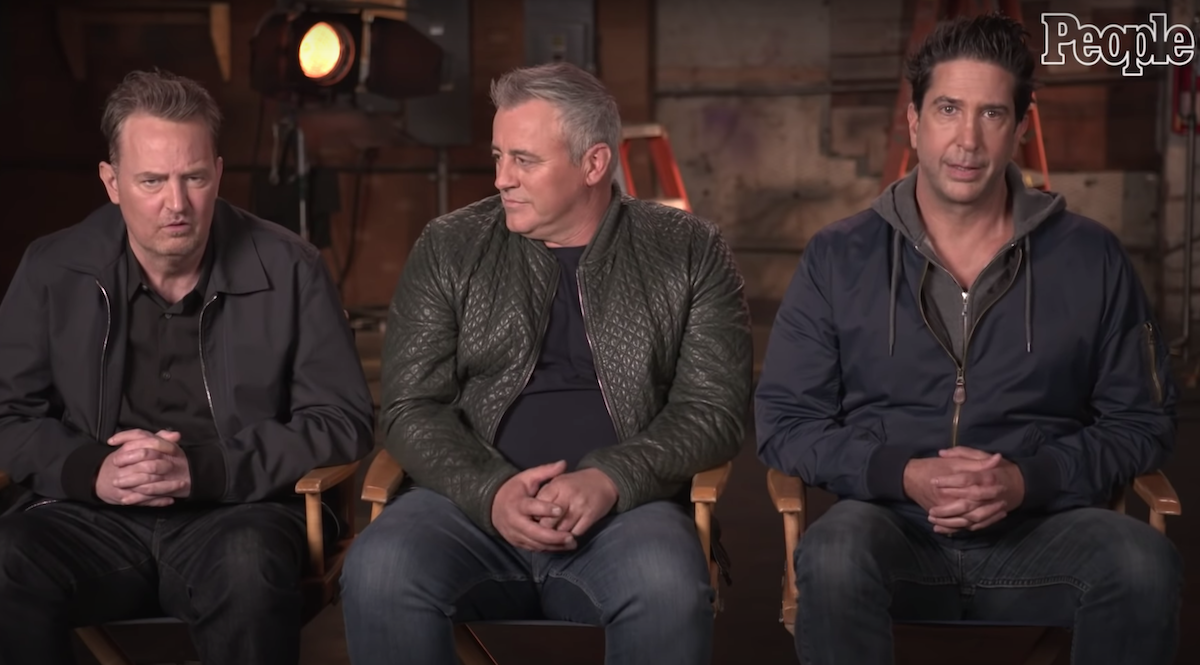 Matthew Perry, Matt LeBlanc, and David Schwimmer being interviewed by 