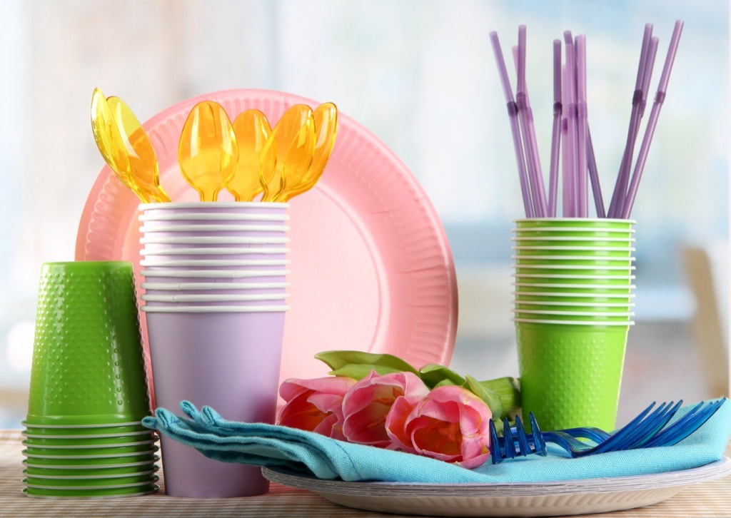 plastic silverware, plates, environment