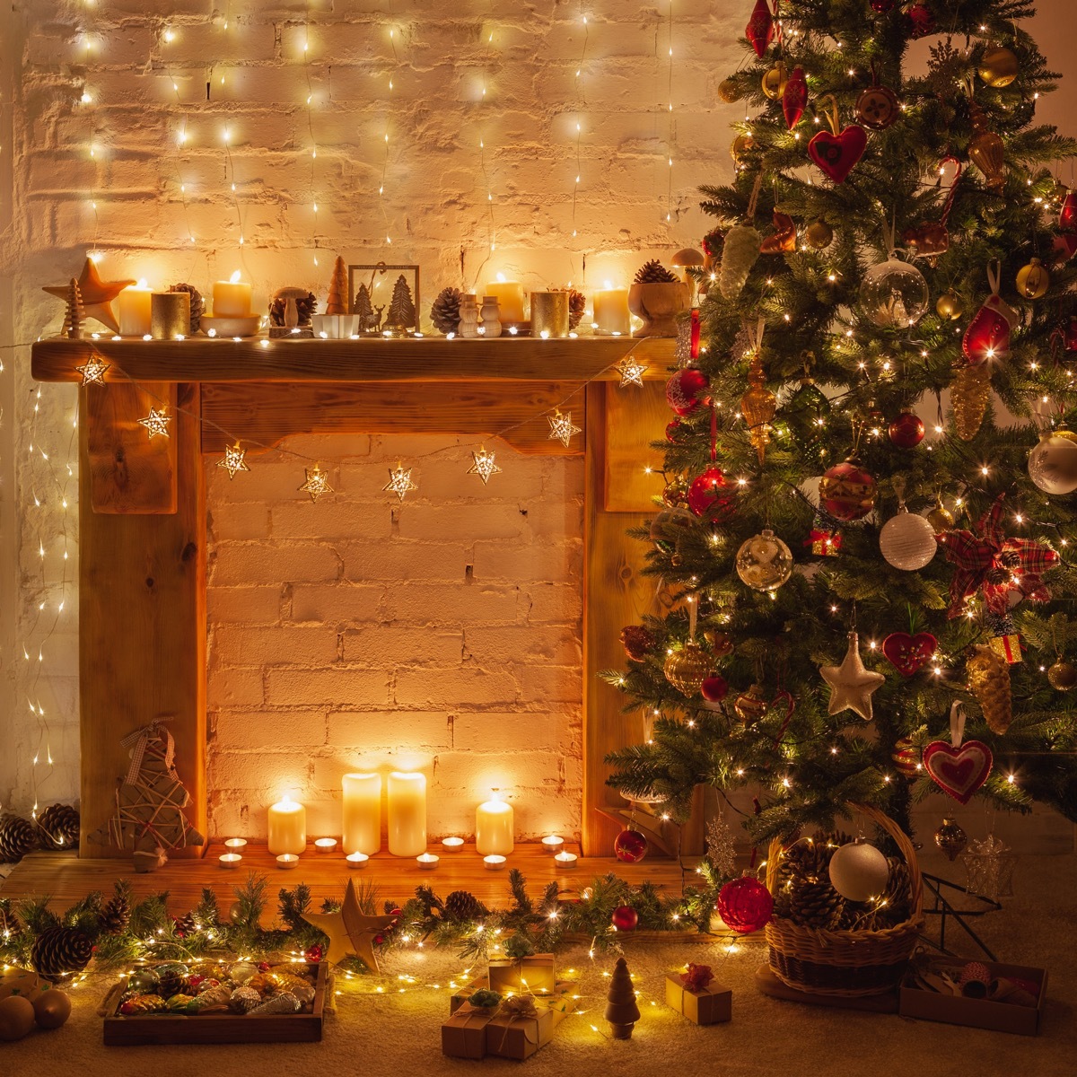 christmas tree near a fireplace