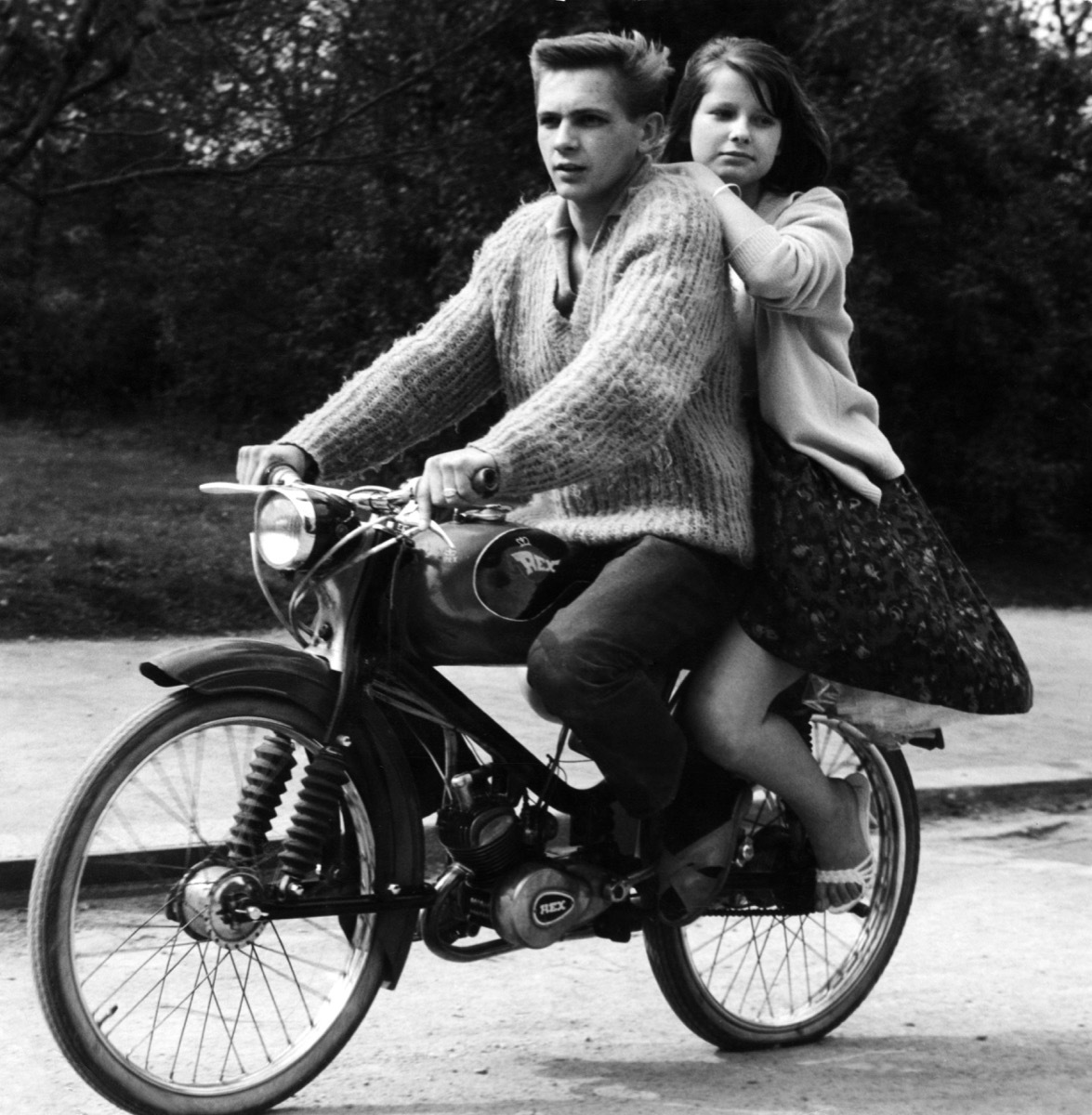 young couple on autocycle by Rex, 1950s