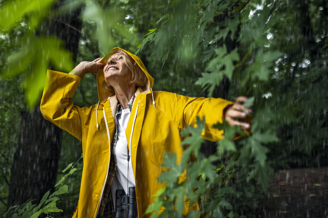 Female Hiker in a yellow raincoat exploring forest