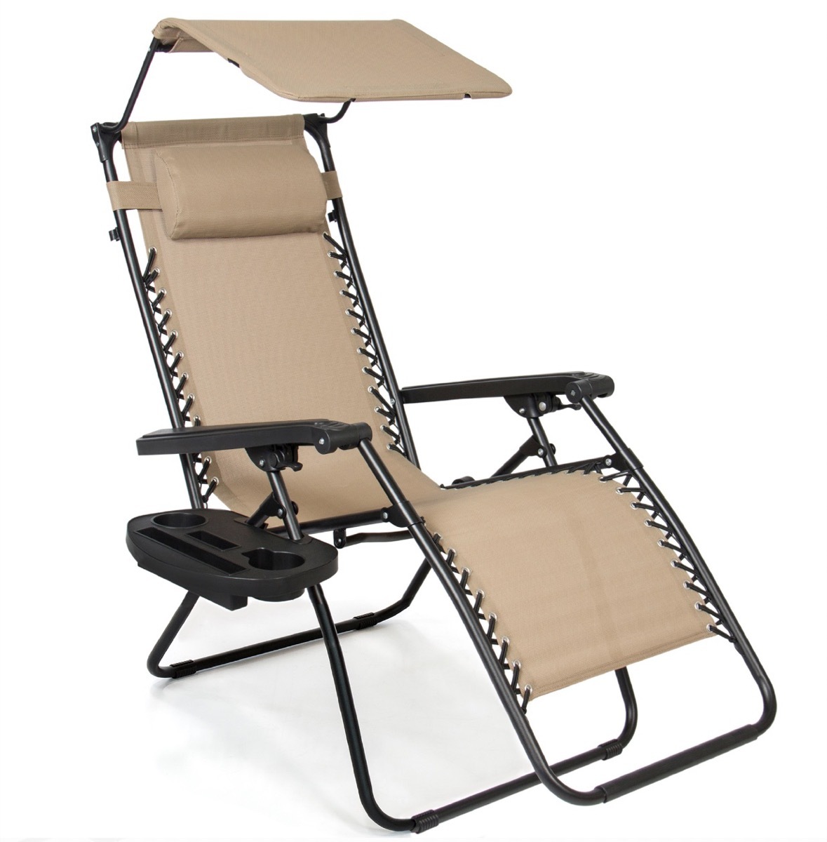 beige lounger chair with overhead canopy