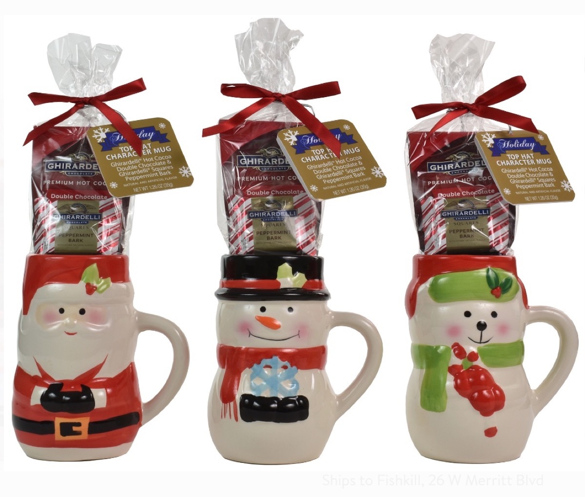 three ceramic holiday mugs with ghirardelli hot cocoa