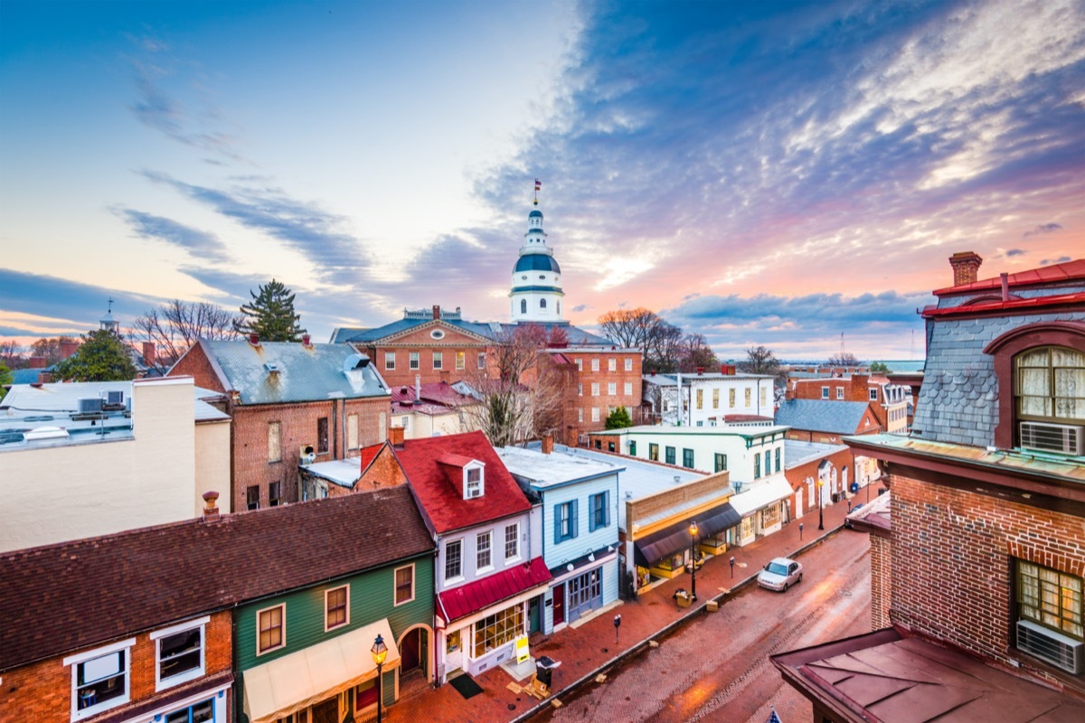 Annapolis, Maryland, USA downtown view over Main Street with the State House.