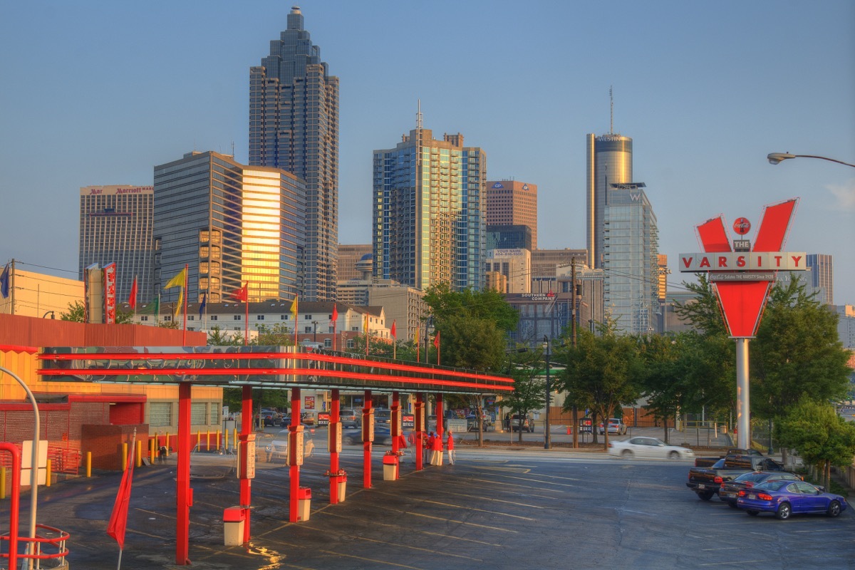 The Varsity Drive-In Restaurant in front of the Atlanta, Georgia skyline