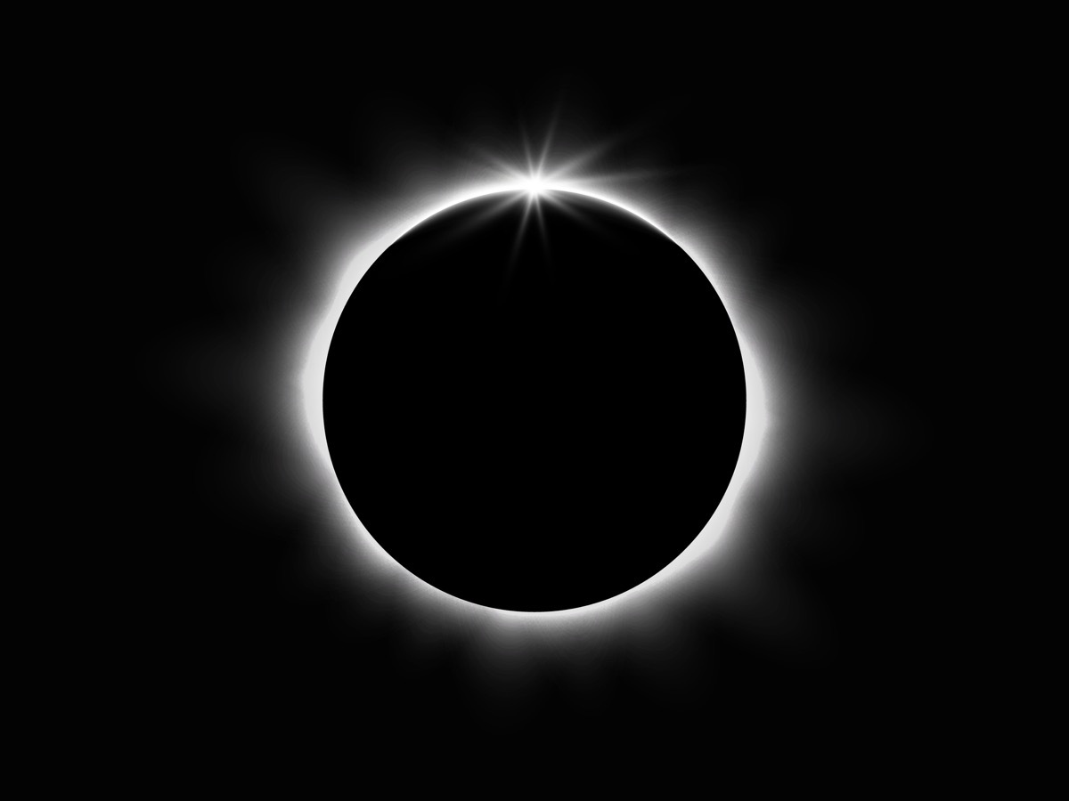 Total solar eclipse. Planet with sun rays on dark background. Realistic sunrise in space. Earth horizon with glow. Black circle with white shine. Vector illustration.