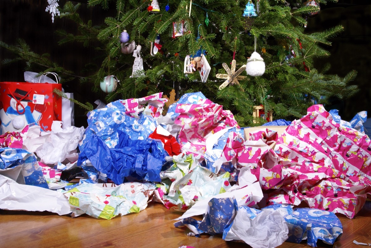 Wrapping paper all over the floor by a Christmas tree