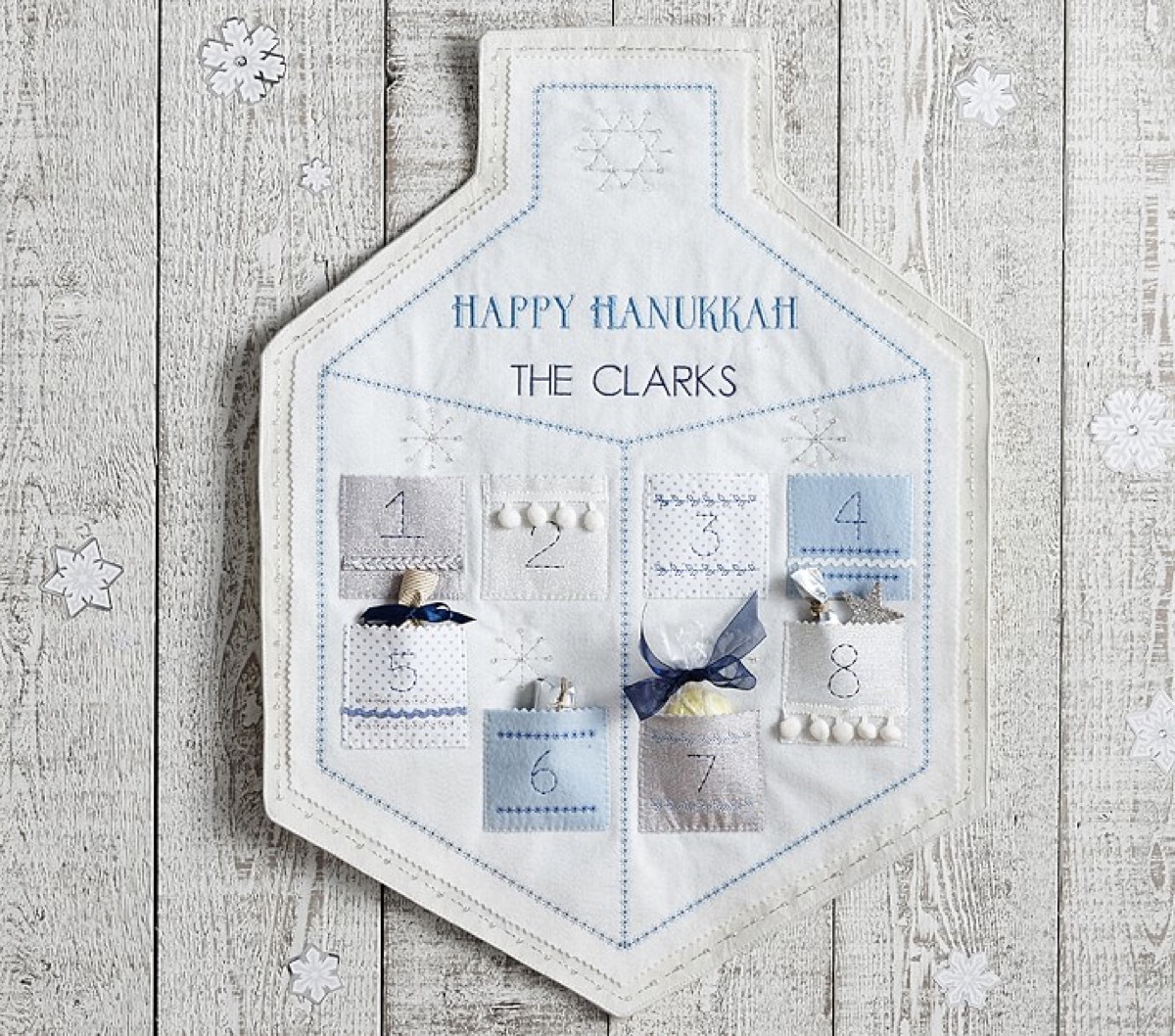 white cotton happy hanukkah wall hanging with gifts in it, hanukkah decorations