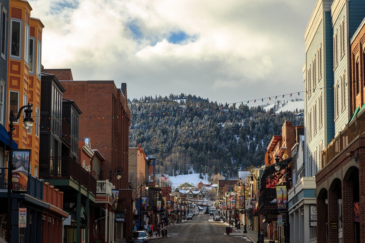 main street park city utah with beautiful mountain view