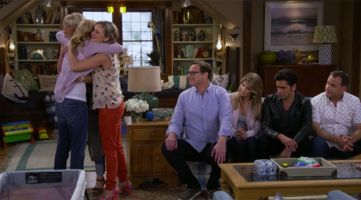 Candace Cameron Bure, Jodie Sweetin, Andrea Barber, Bob Saget, Lori Loughlin, John Stamos, and Dave Coulier in Fuller House