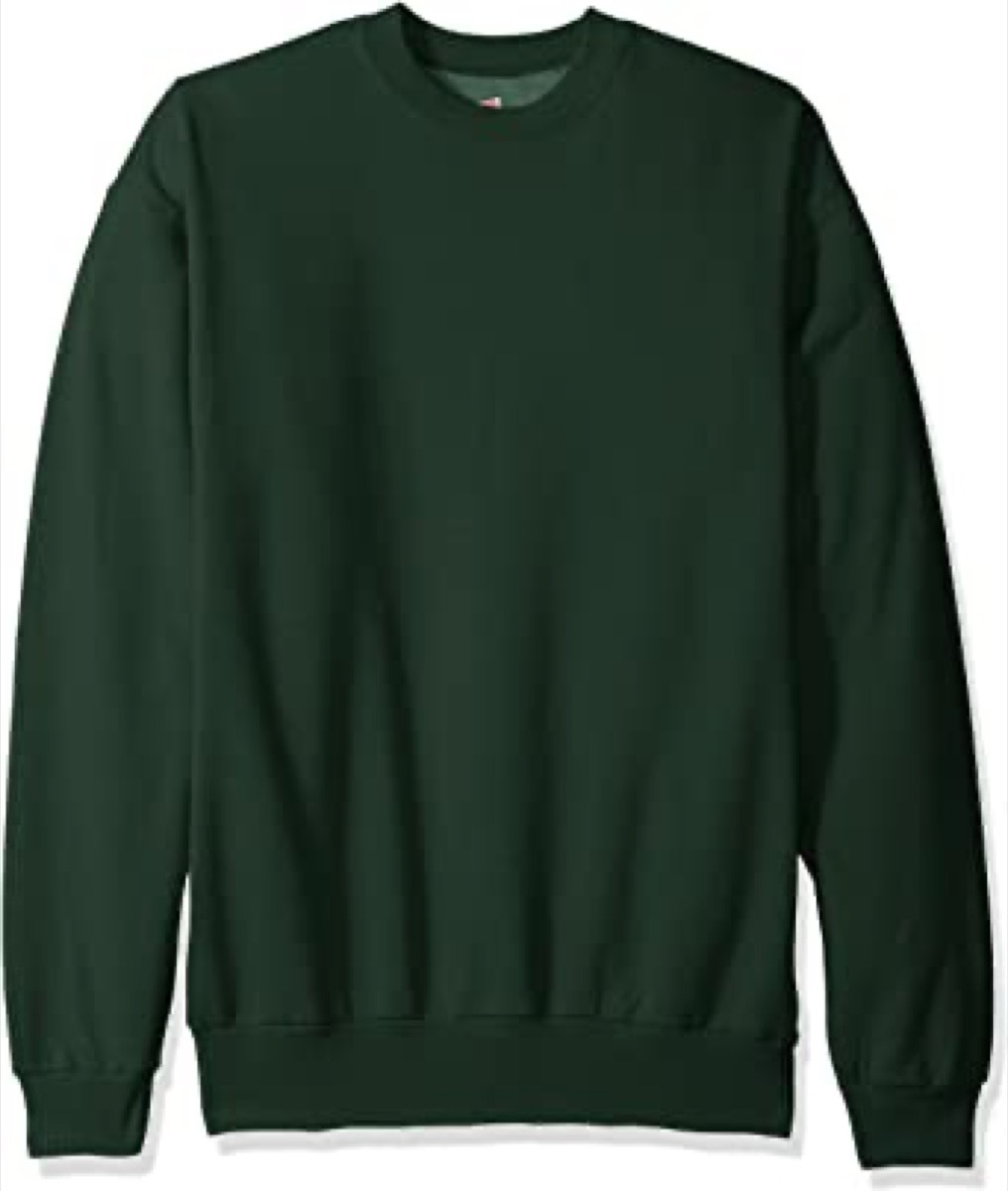 A green fleece crewneck sweatshirt