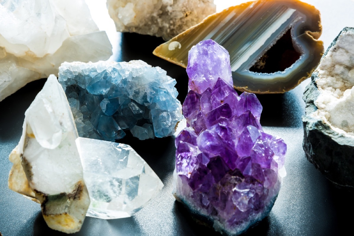 geodes on tabletop, 80s interior design