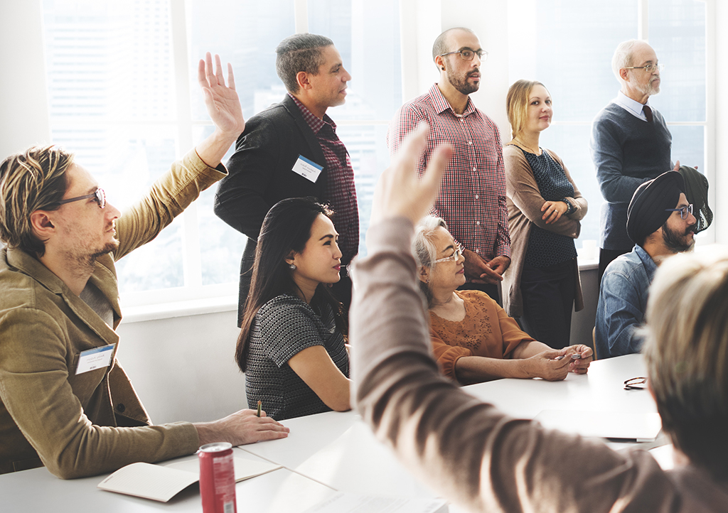 Office workplace people raising hands college professor secrets