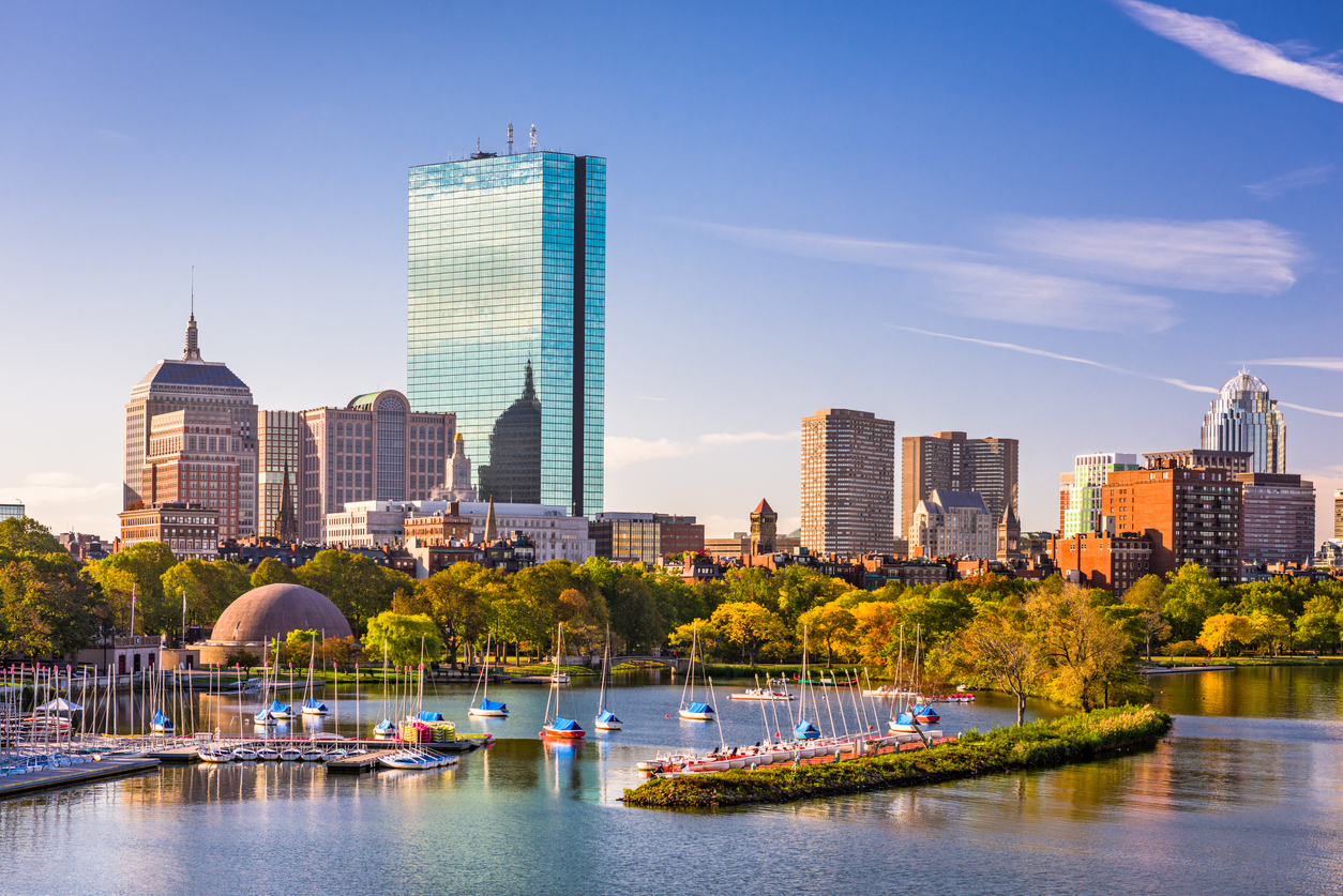 The skyline of Boston, Massachusetts as seen from the Charles River at sunset