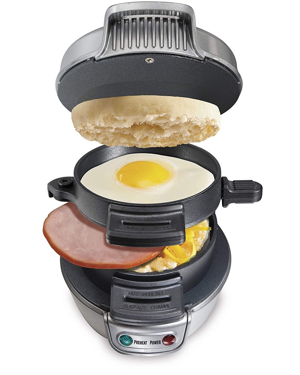 multi layer breakfast cooker with english muffing, egg, ham, and potatoes