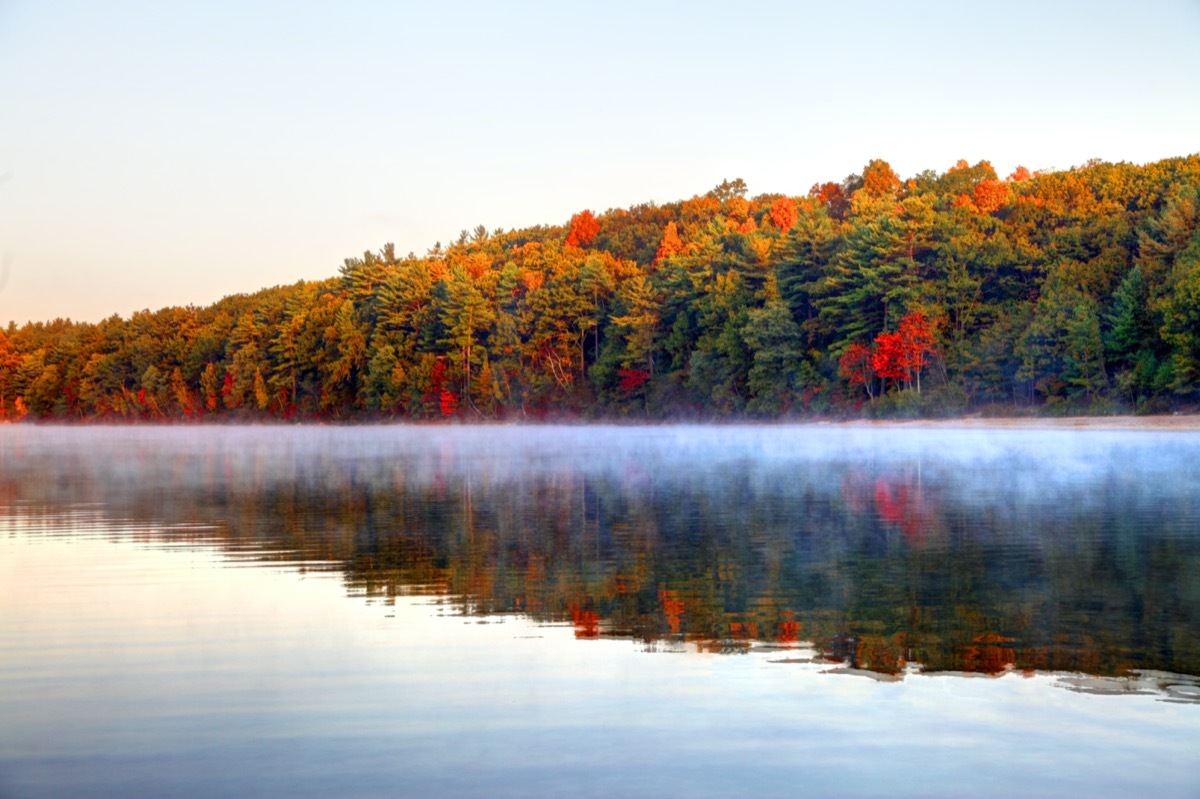 Walden Pond is a lake in Concord, Massachusetts in the United States. The writer, transcendentalist, and philosopher Henry David Thoreau lived on the northern shore of the pond for two years starting in the summer of 1845. His account of the experience was recorded in Walden; or, Life in the Woods, and made the pond famous.