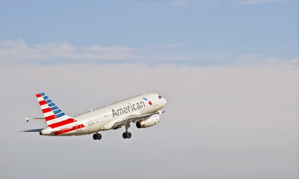 SANTA ANA/CALIFORNIA - AUG. 17, 2015: American Airlines Airbus 319-132 commercial jet departs from John Wayne International Airport in Santa Ana, California, USA