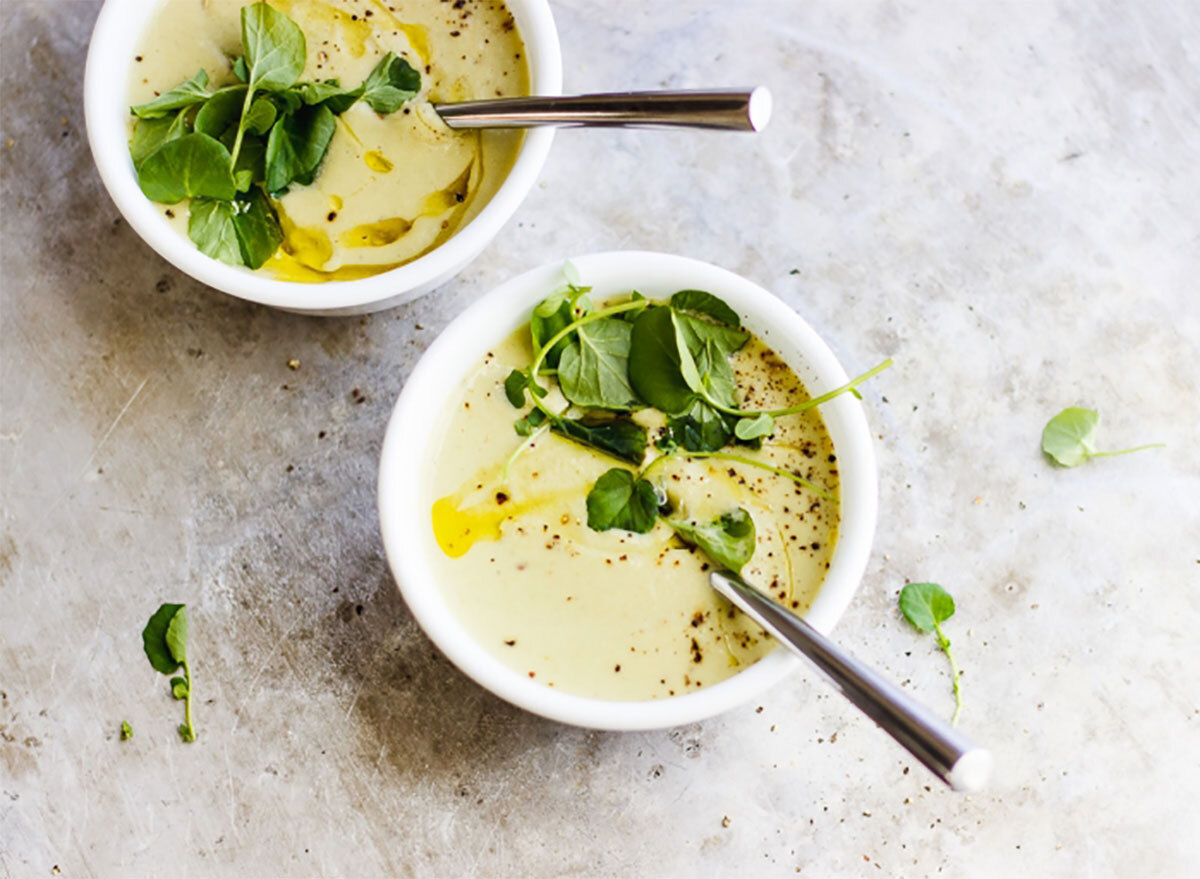 two bowls of cream of celery soup