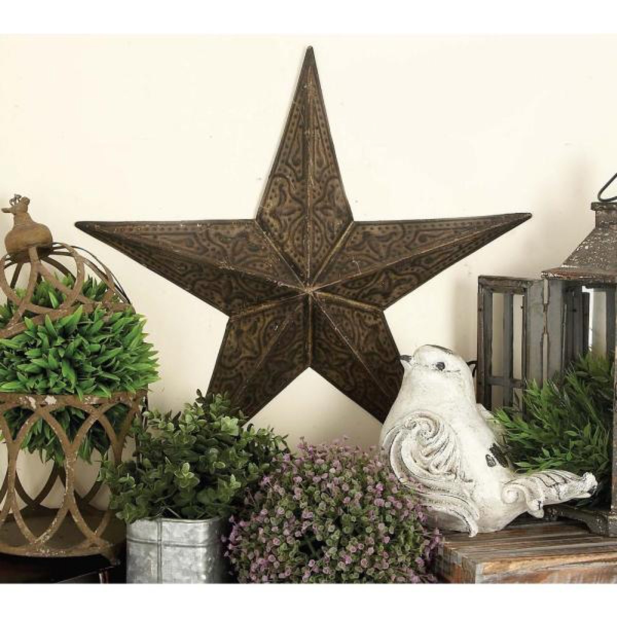 metal barn star surrounded by plants, rustic farmhouse decor