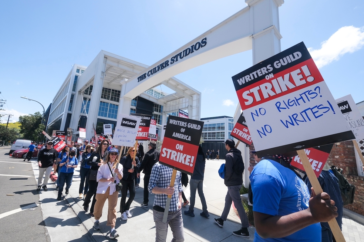 WGA members picketing outside of Culver Studios in May 2023