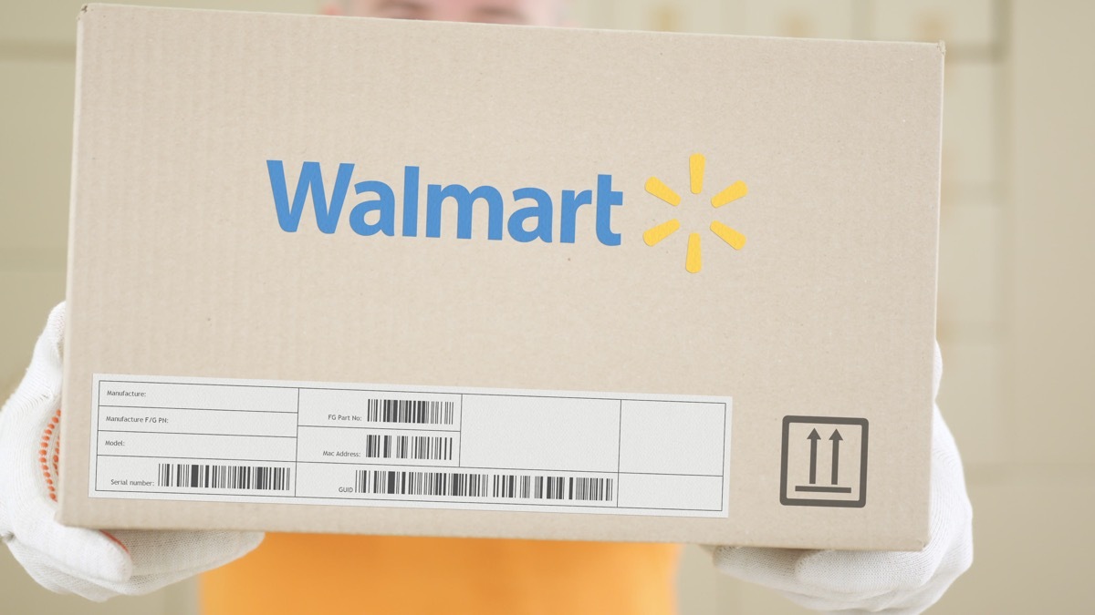 Carton with printed WALMART logo. Editorial conceptual shot