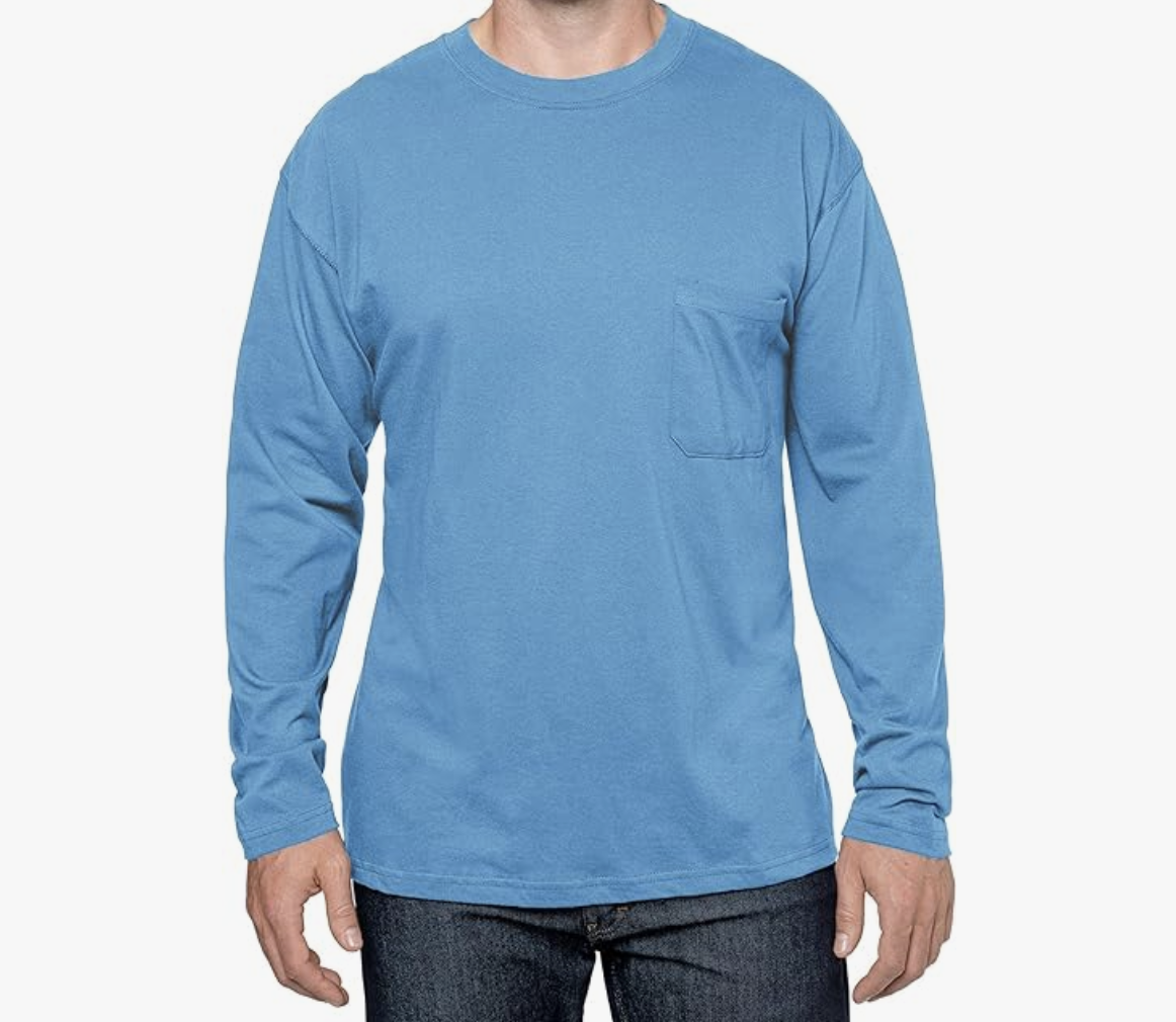 cropped image of man wearing long-sleeved blue t-shirt