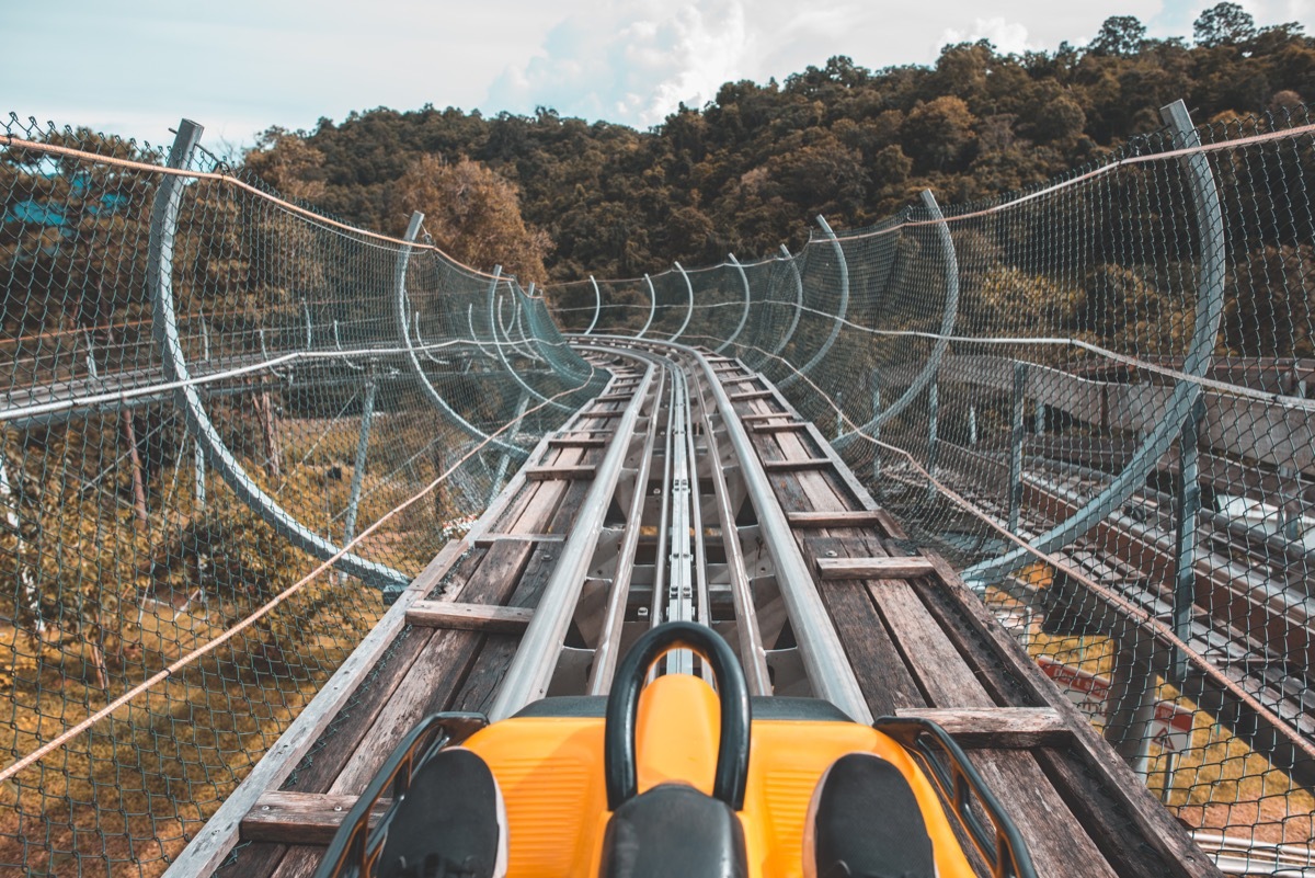 Front passenger perspective of an old roller coaster