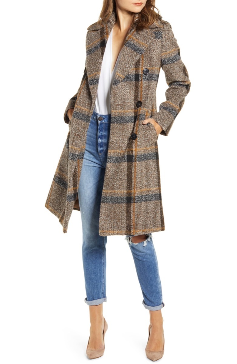 woman in brown plaid coat, women's coats for winter