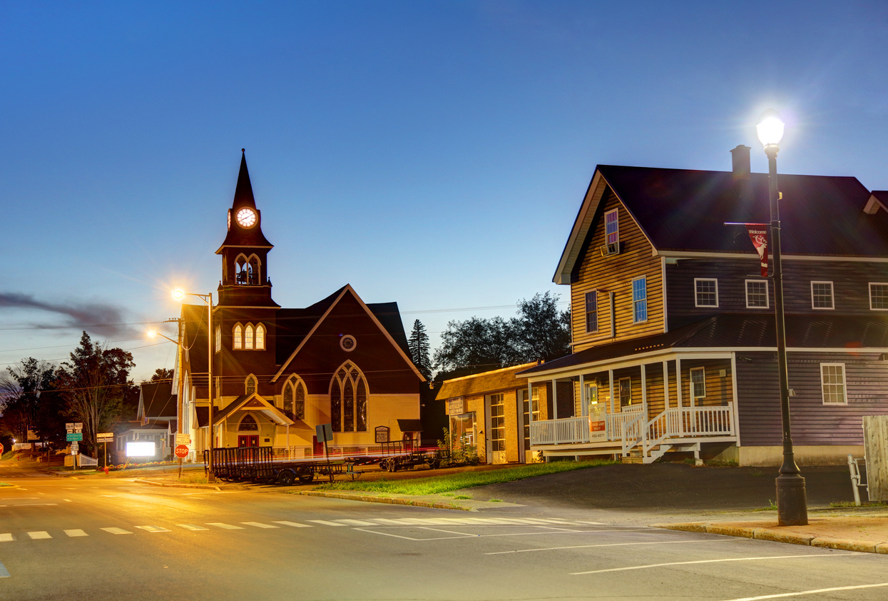 A street in Caribou, Maine in the evening.