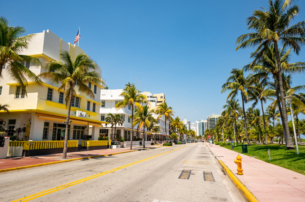 Empty streets of Miami Beach Ocean Drive due to Coronavirus Covid 19