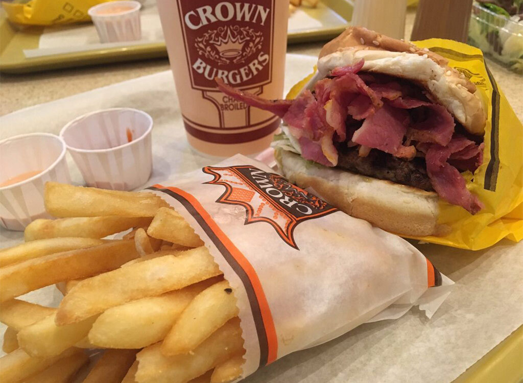 Crown burgers burger and fries on tray