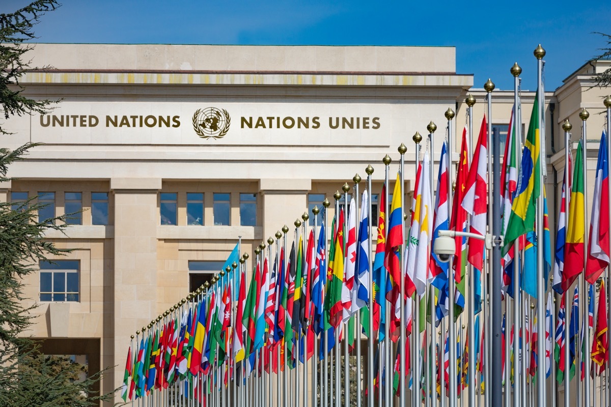 United Nations building and flags