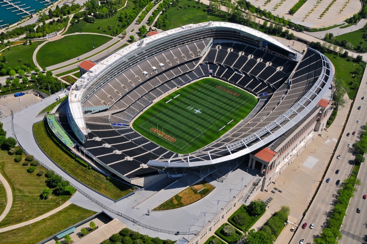 CHICAGO - MAY 18: Aerial view of Chicago Soldiers Field May 18th, 2012. Soldiers Field is the oldest NFL operating stadium and is Home of the Chicago Bears since 1971.