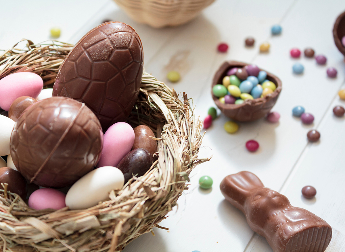 basket of easter chocolates and eggs