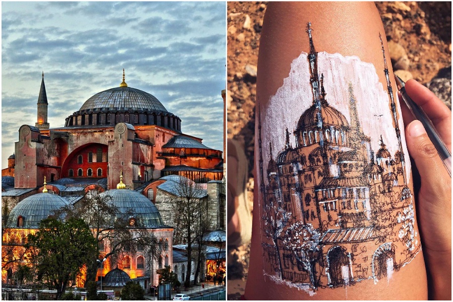 Hagia Sophia in Istanbul  | Artist Uses Her Body As A Canvas For Architecture Sketches | Her Beauty