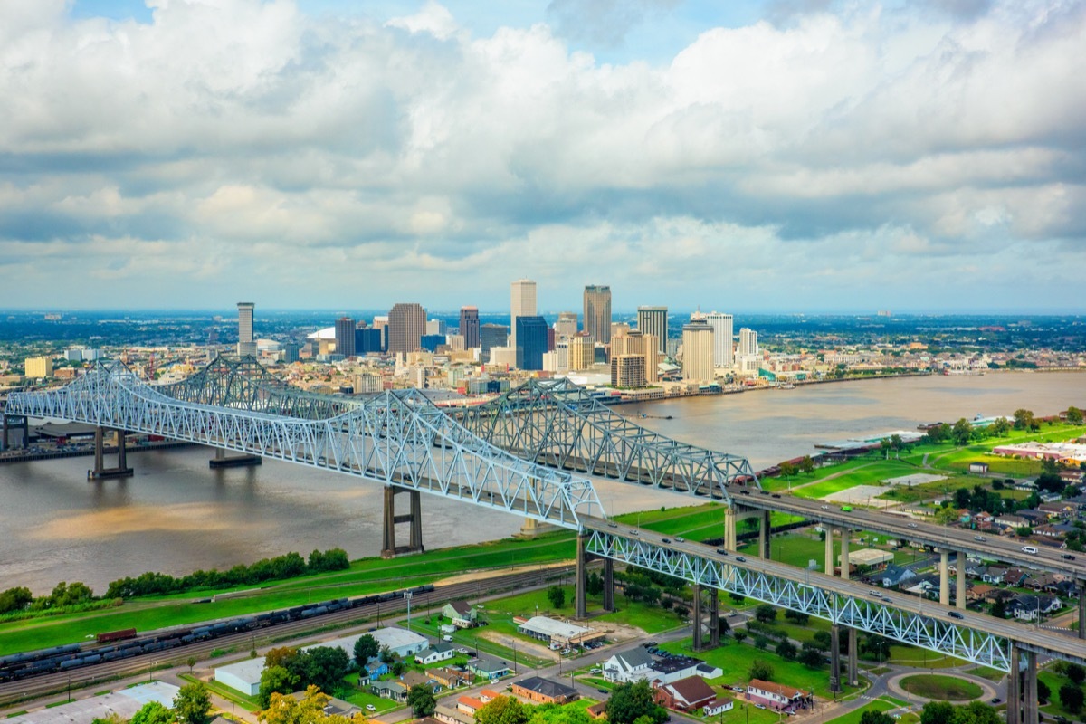 The city skyline of New Orleans, Louisiana, and surrounding metropolitan area along the banks of the Mississippi River shot from an altitude of about 1000 feet during a helicopter photo flight.