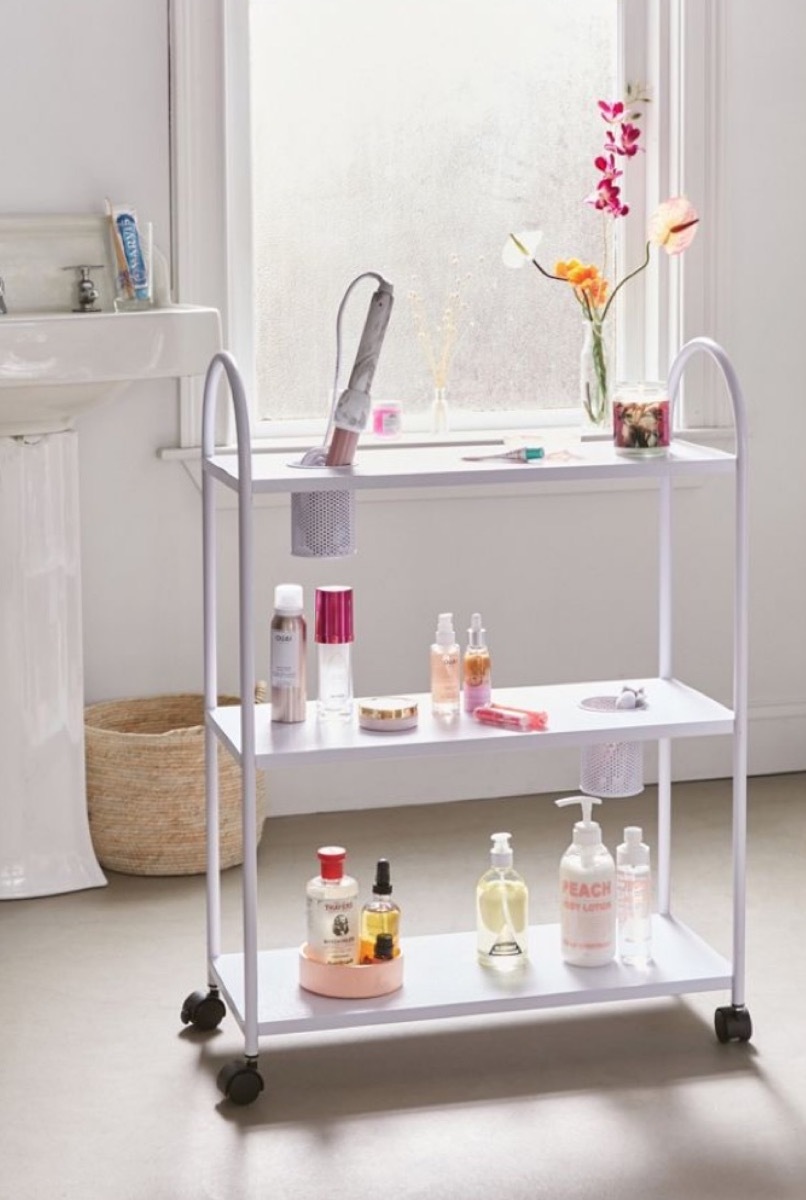 three tier storage cart in bathroom, bathroom accessories